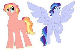 Size: 1500x1000 | Tagged: safe, artist:faith-wolff, oc, oc only, earth pony, pegasus, pony, commission, duo, flying, magical lesbian spawn, male, offspring, parent:pinkie pie, parent:rainbow dash, parent:starlight glimmer, parent:sunset shimmer, parents:glimmerdash, parents:sunsetpie, simple background, spread wings, stallion, white background, wings