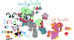 Size: 1012x545 | Tagged: safe, artist:latiapainting, oc, oc:ditsie, oc:godly death, oc:sea pumpinkin, draconequus, hippogriff, wolf pony, babies, chest fluff, female, filly, heterochromia, mare, pending, reference sheet, scar, simple background, trio, white background
