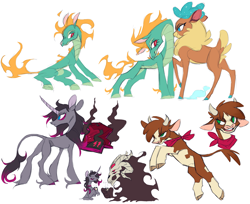 Size: 2977x2425 | Tagged: safe, artist:xenon, arizona cow, fhtng th§ ¿nsp§kbl, oleander, tianhuo, velvet reindeer, classical unicorn, cow, deer, demon, longma, reindeer, unicorn, them's fightin' herds, bandana, book, cloven hooves, colored hooves, cup, eyes closed, female, fire, flaming tail, food, fred, hoof hold, leonine tail, mane of fire, mare, plot, raised hoof, simple background, sitting, smiling, steam, tea, teacup, unshorn fetlocks, white background