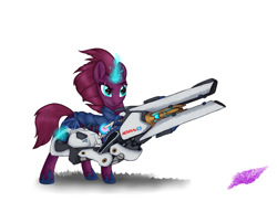 Size: 3000x2200 | Tagged: safe, artist:starlightglummer, tempest shadow, pony, unicorn, my little pony: the movie, armor, broken horn, crossover, eye scar, glowing horn, gun, magic, overwatch, scar, simple background, solo, weapon, white background, zarya