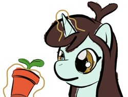 Size: 840x640 | Tagged: safe, artist:phat_guy, derpibooru exclusive, sprout greenhoof, pony, unicorn, bust, female, flower pot, glowing horn, las pegasus resident, levitation, looking at something, magic, mare, plant, portrait, potted plant, simple background, solo, sprout, telekinesis, terracotta, white background