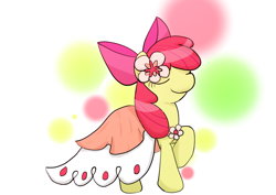 Size: 842x595 | Tagged: safe, artist:up_p_ab, apple bloom, earth pony, pony, bow, clothes, dress, eyes closed, female, filly, flower, hairpin, simple background, solo, white background