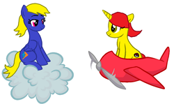 Size: 991x591 | Tagged: safe, artist:nightshadowmlp, oc, oc only, oc:blue lightning, oc:game point, pegasus, pony, unicorn, base used, cloud, cutie mark, dog of wisdom, female, hooves, horn, mare, on a cloud, plane, simple background, sitting on cloud, solo, white background, wings