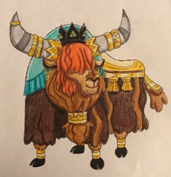 Size: 2521x2619 | Tagged: safe, artist:bozzerkazooers, prince rutherford, yak, cloven hooves, crown, ear piercing, earring, horn ring, jewelry, male, piercing, regalia, simple background, solo, traditional art, white background