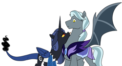 Size: 3422x1866 | Tagged: safe, artist:theroyalartofna, oc, oc only, oc:francesco, oc:ursa moonstorm, bat pony, hybrid, interspecies offspring, night guard, offspring, parent:discord, parent:oc:night owl, parent:princess luna, parent:trixie, parents:canon x oc, parents:lunacord, simple background, tongue out, white background