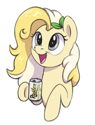 Size: 950x1250 | Tagged: safe, artist:thebowtieone, oc, oc:radler, earth pony, food pony, original species, pony, bust, can, drink pony, female, food, hoof hold, looking up, mare, ponified, portrait, radler, simple background, smiling, soda, soda can, solo, white background