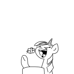 Size: 1280x1280 | Tagged: safe, artist:pencilbrony, twilight sparkle, bird, unicorn, black and white, eating, eyes closed, female, food, grayscale, horn, mare, monochrome, open mouth, ponies eating meat, ponies eating seafood, simple background, solo, sushi, white background