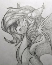 Size: 1726x2160 | Tagged: safe, artist:dodsie, oc, oc:fire glow, bat pony, pony, bust, female, grayscale, mare, monochrome, simple background, solo, traditional art, white background