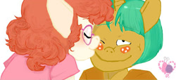 Size: 672x306 | Tagged: safe, artist:si-hu, edit, snails, twist, anthro, earth pony, unicorn, blushing, cover image, duo, eyes closed, female, filly, freckles, glasses, kiss on the cheek, kissing, male, photoshop, shipping, simple background, snailstwist, story cover, story in the source, straight, white background