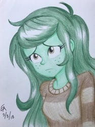 Size: 718x960 | Tagged: safe, artist:mayorlight, wallflower blush, better together, equestria girls, forgotten friendship, ahoge, colored pencil drawing, cute, female, flowerbetes, freckles, sad, signature, simple background, solo, traditional art, white background