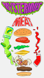 Size: 2000x3500 | Tagged: safe, alternate version, artist:skeletonburglar, oc, oc only, oc:honey cream, pony, bread, burger, cheese, design, food, hamburger, imminent vore, ketchup, lettuce, looking up, meat, merchandise, pickles, sandwich, sauce, scared, screaming, shirt design, simple background, tomato, typography, white background