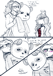 Size: 2150x3035 | Tagged: safe, artist:theecchiqueen, oc, oc only, oc:pandie, oc:walter nutt, anthro, earth pony, panda, anthro oc, choker, clothes, comic, cute, death by coffee, dialogue, eyes closed, fangs, female, floppy ears, male, monochrome, oc x oc, plushie, reference, shipping, shirt, simple background, sketch, slit eyes, smiling, straight, teddy bear, teen titans, white background