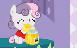 Size: 1536x960 | Tagged: safe, artist:beavernator, sweetie belle, pony, spoiler:comic, baby, baby belle, baby pony, beavernator is trying to murder us, crossover, cute, daaaaaaaaaaaw, diasweetes, eating, eyes closed, foal, honey, messy eating, sitting, smiling, solo, underhoof, winnie the pooh