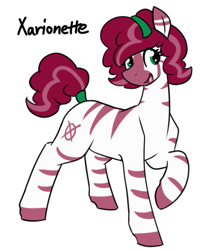 Size: 621x756 | Tagged: safe, artist:whatsapokemon, oc, oc only, oc:xarionette, zebra, curly hair, female, hairband, headband, quadrupedal, raised hoof, simple background, smiling, solo, tail wrap, white background, zebra oc