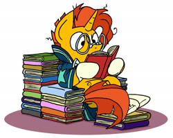 Size: 1782x1427 | Tagged: safe, artist:bobthedalek, sunburst, pony, unicorn, book, book throne, bookhorse, glasses, male, messy mane, reading, simple background, solo, stallion, sunburst's glasses, that pony sure does love books, white background