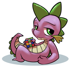 Size: 1831x1681 | Tagged: safe, artist:gsphere, spike, dragon, bored, looking at you, male, on back, rubik's cube, simple background, solo, white background