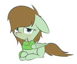 Size: 3047x2533 | Tagged: safe, artist:lofis, oc, oc only, oc:mint chocolate, pegasus, pony, blushing, clothes, cute, looking at you, lying down, scarf, sick, simple background, solo, white background