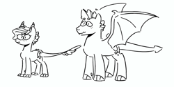 Size: 1692x856 | Tagged: safe, artist:kianamai, oc, oc only, oc:crystal clarity, oc:turquoise blitz, dracony, dragon, hybrid, black and white, brother and sister, female, grayscale, interspecies offspring, kilalaverse, male, monochrome, next generation, offspring, parent:rarity, parent:spike, parents:sparity, siblings, simple background, white background