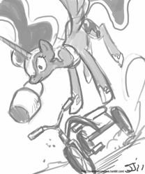 Size: 667x800 | Tagged: source needed, safe, artist:johnjoseco, nightmare moon, :, bucket, flying, grayscale, monochrome, mouth hold, solo, spread wings, tricycle, wat, wide eyes