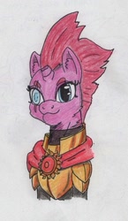 Size: 524x903 | Tagged: safe, artist:kuroneko, derpibooru exclusive, fizzlepop berrytwist, tempest shadow, pony, unicorn, my little pony: the movie, armor, blind eye, broken horn, cape, clothes, colored pencil drawing, eye scar, eyebrows, female, looking at you, mare, royal guard armor, scar, simple background, solo, tempest becomes a royal guard, traditional art, white background, wrong eye color