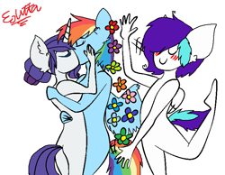 Size: 736x572 | Tagged: safe, artist:edithpaint, rainbow dash, rarity, oc, anthro, pegasus, unicorn, blushing, eyes closed, female, flower, kissing, lesbian, raridash, shipper on deck, shipping, signature, simple background, smiling, white background