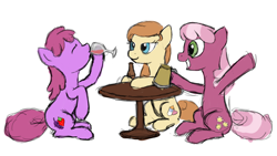 Size: 1928x1088 | Tagged: safe, artist:bill-the-pony, berry punch, berryshine, cheerilee, oc, oc:cream heart, pony, alcohol, cider, colored sketch, drunk, go home you're drunk, mug, simple background, sitting, table, tankard, white background, wine