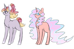 Size: 1500x1000 | Tagged: safe, artist:arirain, oc, oc only, pony, unicorn, blank flank, blue eyes, blue hair, bun, cute, duo, ethereal mane, female, horn, long mane, long tail, looking at you, looking forward, magical lesbian spawn, mare, multicolored hair, offspring, parent:fluttershy, parent:princess cadance, parent:princess celestia, parent:twilight sparkle, parents:flutterdance, parents:twilestia, pink hair, ponytail, purple eyes, short mane, short tail, simple background, smiling, socks (coat marking), starry mane, white background, yellow hair