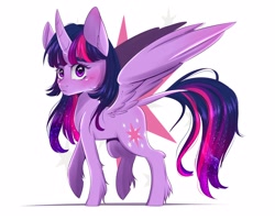 Size: 2500x2000 | Tagged: safe, artist:silbersternenlicht, twilight sparkle, twilight sparkle (alicorn), alicorn, pony, blushing, curved horn, female, leonine tail, looking at you, mare, simple background, solo, spread wings, white background, wings