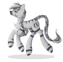 Size: 1600x1580 | Tagged: safe, artist:twotiedbows, oc, oc only, zebra, braid, braided tail, chest fluff, looking at you, simple background, smiling, solo, trotting, white background, zebra oc