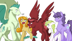 Size: 1024x593 | Tagged: safe, artist:kianamai, oc, oc only, oc:amber lily, oc:anthea, oc:hot head, oc:lucky star, oc:turquoise blitz, dracony, earth pony, hybrid, pony, unicorn, adopted offspring, angry, bandage, braid, colored, interspecies offspring, kilalaverse, next generation, offspring, parent:fluttershy, parent:oc:azalea, parent:oc:berry vine, parent:oc:candle wick, parent:oc:day dream, parent:oc:flashpoint, parent:oc:fortune hunter, parent:oc:herb, parent:oc:isis quartz, parent:rarity, parent:spike, parents:oc x oc, parents:sparity, simple background, surprised, white background