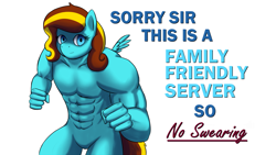 Size: 1920x1080 | Tagged: safe, artist:silviawinter, oc, oc:ilovekimpossiblealot, anthro, pegasus, abs, christian server, empty eyes, featureless crotch, looking at you, male, meme, muscles, no swearing, parody, simple background, smiling, solo, swol, team fortress 2, text, wat, white background