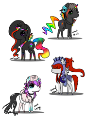 Size: 1240x1748 | Tagged: safe, artist:hoshi-kou, oc, oc only, oc:crossed blood, oc:neon syringe, oc:prince neon bass, oc:princess neon boom, alicorn, original species, pony, alicorn oc, armor, colored horn, colored wings, ethereal mane, female, male, mare, multicolored wings, neon pony, quartet, rainbow tail, rainbow wings, simple background, stallion, white background