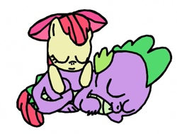 Size: 537x405 | Tagged: safe, artist:closer-to-the-sun, apple bloom, spike, dragon, pony, cuddling, cute, female, hug, interspecies, male, shipping, simple background, sleeping, spikebloom, straight, white background