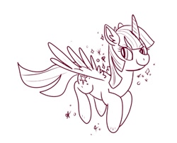 Size: 656x531 | Tagged: safe, artist:rabbitasaur, twilight sparkle, twilight sparkle (alicorn), alicorn, female, flying, horn, mare, monochrome, simple background, sketch, solo, sparkles, white background, wings, wip