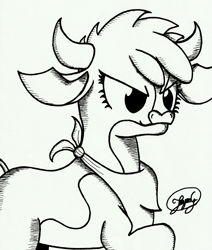 Size: 1673x1976 | Tagged: safe, artist:up-world, arizona cow, cow, them's fightin' herds, bandana, black and white, community related, crosshatch, grayscale, handkerchief, horns, monochrome, simple background, solo, traditional art, white background