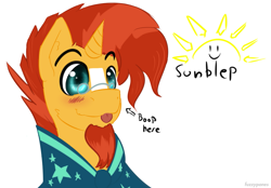 Size: 1057x735 | Tagged: safe, artist:fuzzypones, sunburst, pony, unicorn, :p, colored, cute, male, silly, simple background, solo, stallion, sunblep, text, tongue out, white background