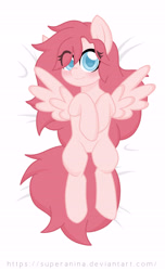 Size: 3480x5729 | Tagged: safe, artist:superanina, oc, pegasus, pony, bed, blue eyes, blushing, body pillow, body pillow design, digital art, female, hooves, hooves to the chest, lightly watermarked, long mane, long tail, looking at you, lying down, mare, on back, on bed, simple background, solo, spread wings, url, watermark, white background, wings