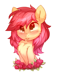 Size: 1200x1552 | Tagged: safe, artist:lispp, roseluck, earth pony, pony, blushing, bust, cheek fluff, chest fluff, cute, female, flower, heart eyes, looking at you, mare, portrait, rose, simple background, smiling, solo, white background, wingding eyes