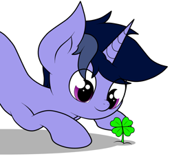 Size: 1640x1536 | Tagged: safe, artist:kimjoman, oc, oc only, oc:purple flix, pony, unicorn, clover, cute, face down ass up, four leaf clover, holiday, looking down, male, ocbetes, saint patrick's day, simple background, smiling, solo, stallion, stare, white background
