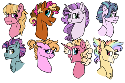 Size: 627x417 | Tagged: safe, artist:ficklepickle9421, oc, oc only, earth pony, pegasus, pony, unicorn, bust, female, freckles, male, mare, offspring, parent:big macintosh, parent:cheese sandwich, parent:flash sentry, parent:pinkie pie, parent:rainbow dash, parent:rarity, parent:soarin', parent:starlight glimmer, parent:sunburst, parent:trenderhoof, parent:twilight sparkle, parents:cheesepie, parents:flashlight, parents:glimmermac, parents:pinkieburst, parents:rainbowburst, parents:soaringlimmer, parents:trenderity, parents:twimac, rainbow hair, simple background, stallion, white background