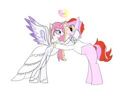 Size: 2600x1800 | Tagged: safe, oc, oc only, oc:mistral violet, oc:solar shine, alicorn, unicorn, alicorn oc, clothes, couple, dress, female, male, marriage, married couple, mishine, offspring, offspring shipping, parent:princess cadance, parent:shining armor, parent:starlight glimmer, parent:sunburst, parents:shiningcadance, parents:starburst, ring, shipping, simple background, straight, wedding, wedding dress, wedding ring, white background