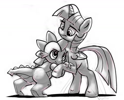 Size: 1675x1352 | Tagged: safe, artist:gsphere, spike, twilight sparkle, twilight sparkle (alicorn), alicorn, dragon, pony, female, male, mare, monochrome, pushing, simple background, sketch, white background