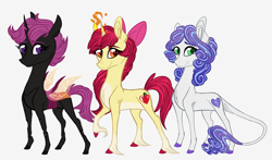 Size: 2000x1176 | Tagged: safe, artist:australian-senior, apple bloom, scootaloo, sweetie belle, changeling, crystal pony, earth pony, pony, unicorn, alternate cutie mark, alternate design, alternate universe, changelingified, colored hooves, cutie mark crusaders, earth pony sweetie belle, kirindos, leonine tail, magic, race swap, raised hoof, scootaling, simple background, sparkly mane, species swap, unicorn apple bloom, unshorn fetlocks, white background