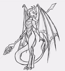 Size: 3780x4100 | Tagged: safe, artist:akweer, dragon lord ember, princess ember, dragon, bloodstone scepter, dragoness, female, monochrome, simple background, sketch, solo, white background