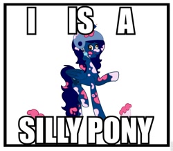 Size: 960x837 | Tagged: safe, artist:midnightamber, editor:icey-wicey-1517, oc, oc only, oc:midnight, alicorn, pony, alicorn oc, cake, candle, derp, female, food, helmet, image macro, mare, meme, messy, silly, silly pony, simple background, solo, text, white background