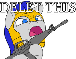 Size: 900x697 | Tagged: safe, artist:slamjam, assault rifle, bust, caption, delet this, dialogue, drawthread, gun, hoof hold, image macro, m16, male, meme, rifle, royal guard, simple background, stallion, weapon, white background