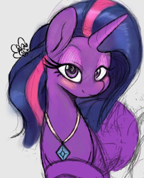 Size: 478x589 | Tagged: safe, artist:tre, twilight sparkle, unicorn twilight, pony, unicorn, alternate hairstyle, blushing, cutie mark necklace, female, jewelry, looking at you, makeup, mare, necklace, simple background, solo focus, white background
