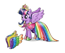 Size: 700x570 | Tagged: safe, artist:naokomullally, twilight sparkle, twilight sparkle (alicorn), alicorn, big crown thingy, clothes, colored wings, concept art, crown, dress, jewelry, multicolored wings, rainbow wings, regalia, shoes, simple background, solo, toy design, white background