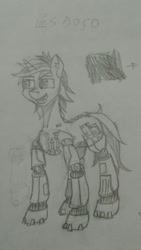 Size: 600x1067 | Tagged: safe, oc, oc only, oc:blackjack, cyborg, pony, unicorn, fallout equestria, fallout equestria: project horizons, augmented, black and white, blackjack, cyber legs, fanfic, fanfic art, female, grayscale, hooves, horn, mare, monochrome, open mouth, simple background, solo, traditional art, white background