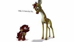 Size: 1920x1080 | Tagged: safe, artist:soad24k, clementine, oc, oc:ruby rouge, earth pony, giraffe, pony, 3d, colt quest, dialogue, duo, female, filly, gmod, simple background, white background